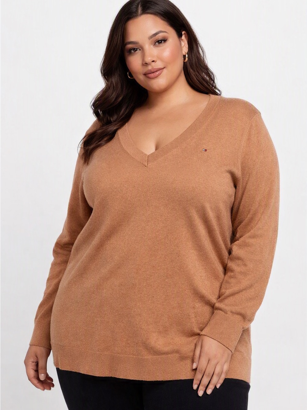 5/$50 Tommy Hilfiger Plus-Size V-Neck Sweater in Camel